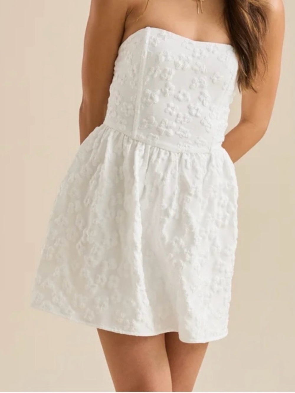 Altar'd State White Strapless Floral Embossed Mini Dress
